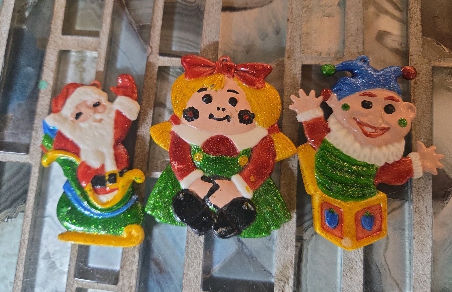 Christmas Vintage ornaments with glittery Santa, girl, and elf
