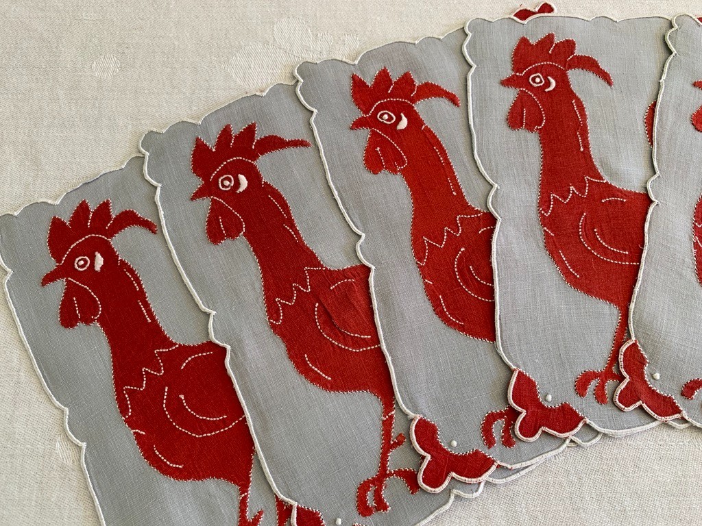 Vintage Cocktail Napkins Madeira Embroidered Rooster Large Applique Set of 8