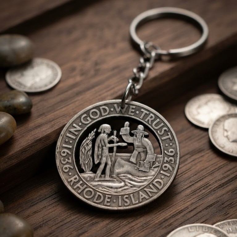 1936 Rhode Island Half Dollar Cut Coin Keychain US American Coin Custom Jewelry