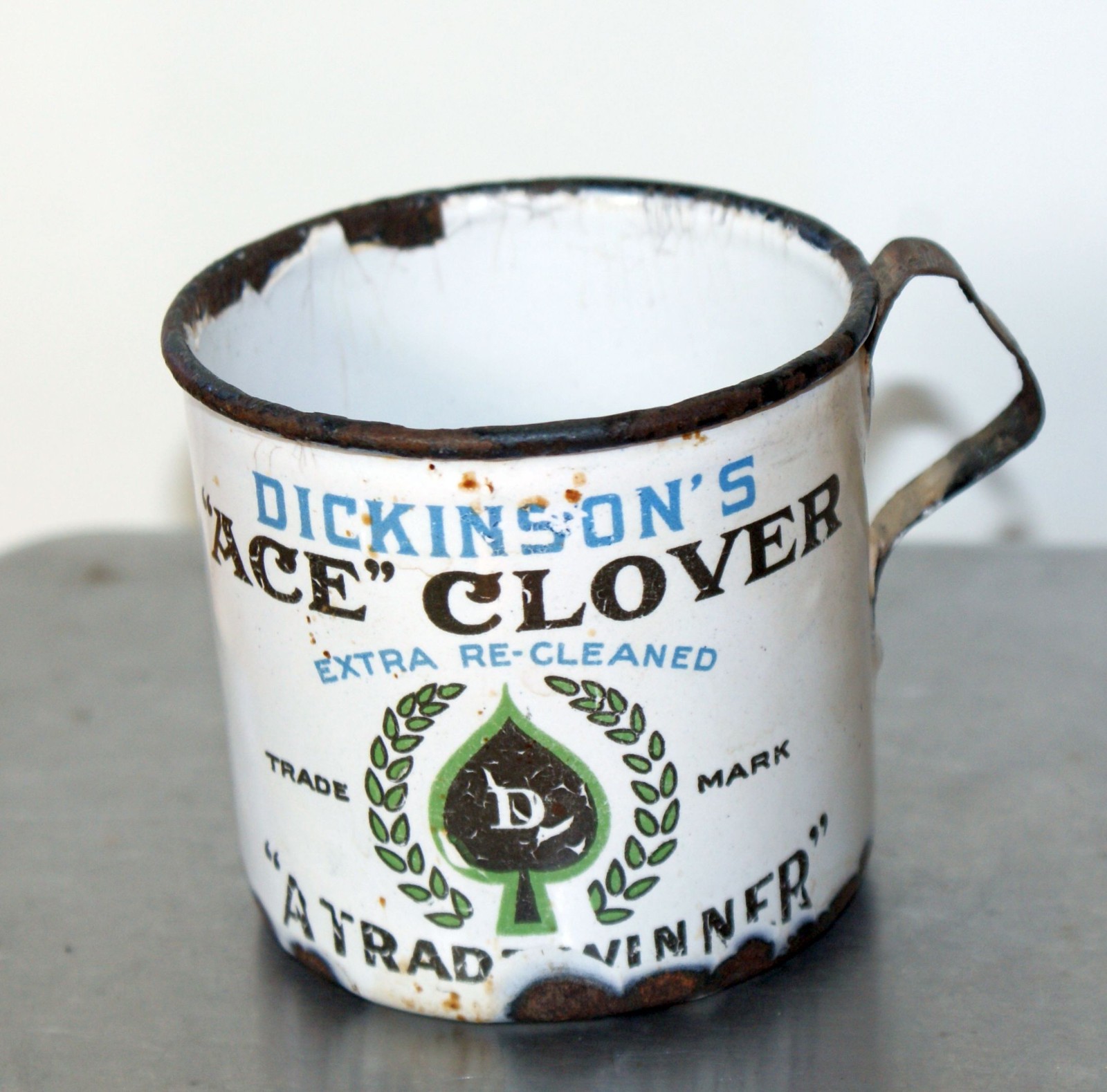 Dickenson\'s Ace Clover Pine Tree Timothy Seed Enamel Cup 2 3/4 Inches Tall