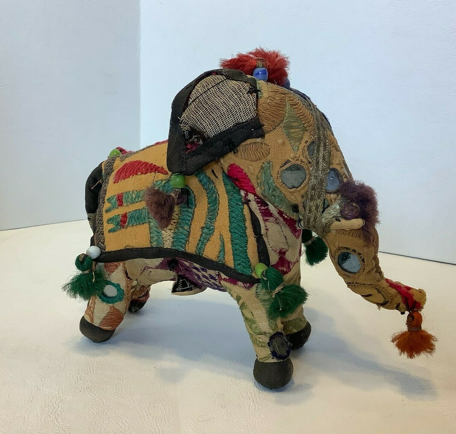 Vintage Hand Woven Stuffed Cotton Embroidered Elephant Figure India Patchwork