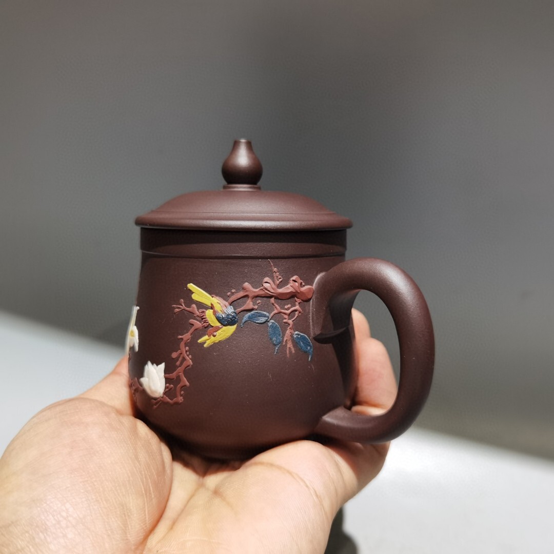 4.3in Chinese Yixing Zisha Purple Natural Clay Handmade Flower & Bird Teapot