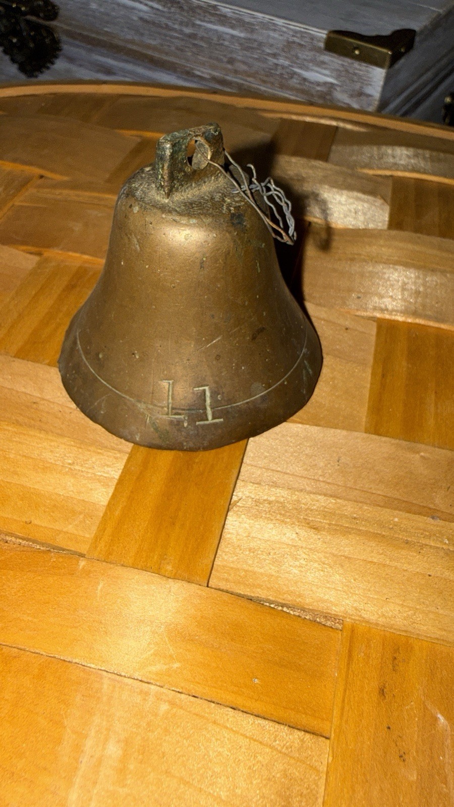 Vintage Small Brass Hanging Bell Number 11 Metal Clapper Rustic Farm Decor