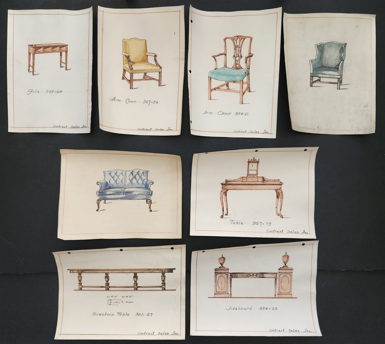 1940s antique FURNITURE DESIGN SKETCH PRINTS 8pc hand-colored art CONTRACT SALES