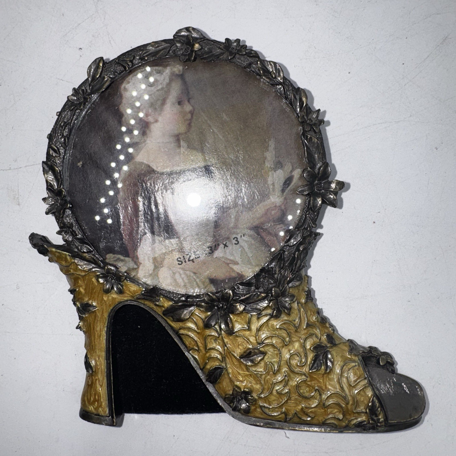 Vtg Ornate High Heel Shoe Picture Frame Floral Metal Portrait READ 3x3