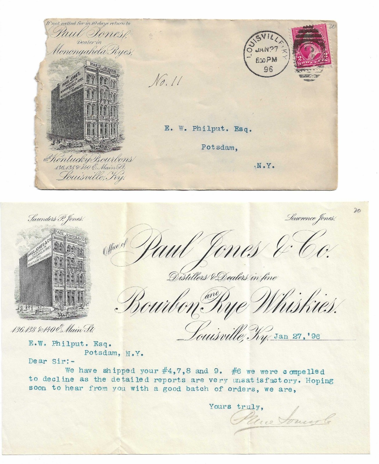 1896 Paul Jones Whiskey Letter - Louisville KY - Known For Four Roses - Salesman 1896 Paul Jones Whiskey Letter - Louisville KY - Known For Four Roses - Salesman