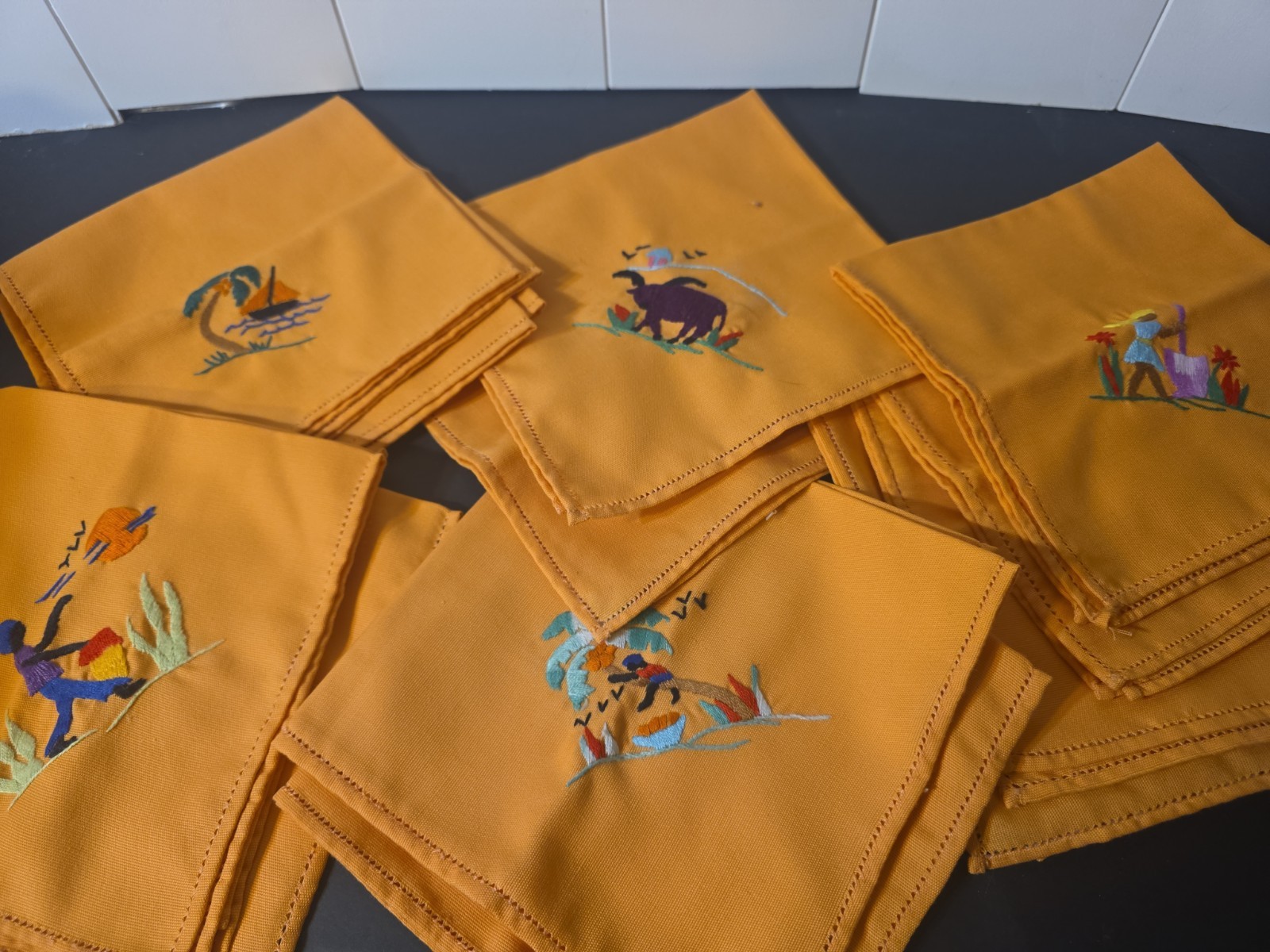 Vintage Embroidered Caribbean Folk Art Cocktail Napkins Set Of 12