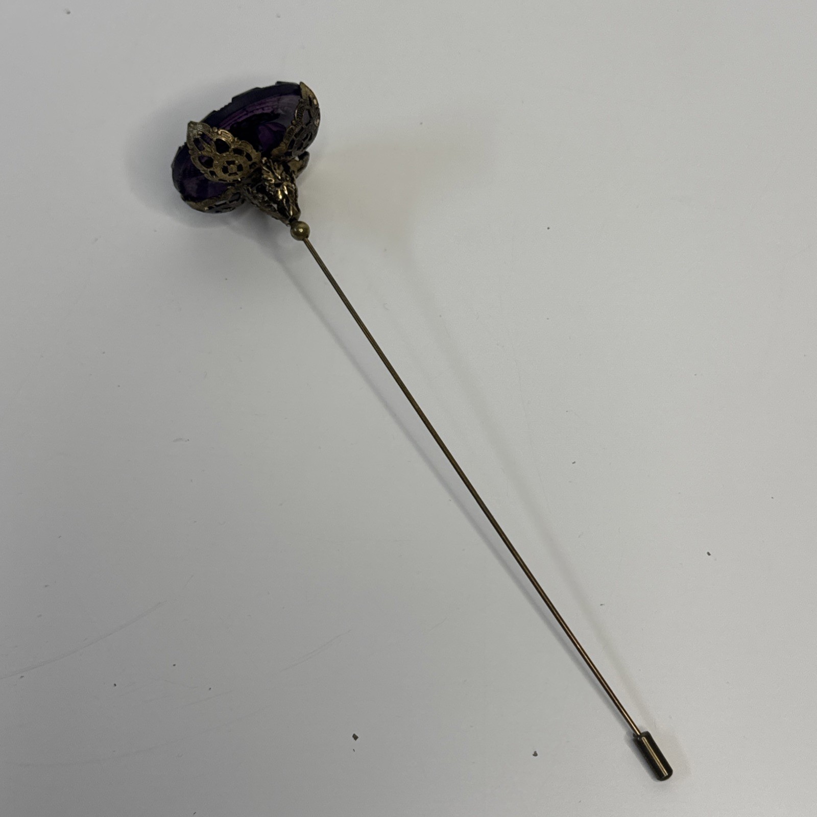 Antique Victorian Amethyst Crystal Art Nouveau Hatpin 7” Long Gold-tone