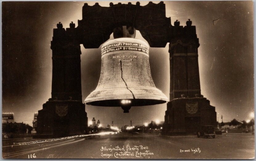 1926 PHILADELPHIA EXPO World's Fair Photo RPPC Postcard Illuminated LIBERTY BELL
