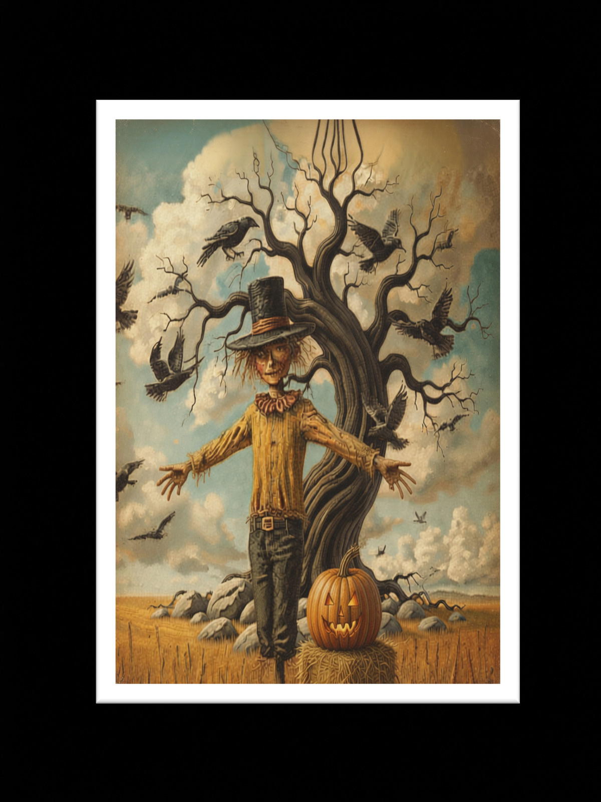 VTG Style Blank Postcard Scarecrow Pumpkin Crows Halloween Fall Harvest