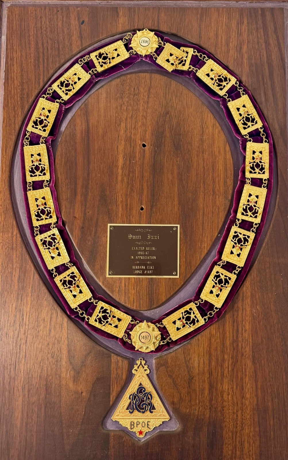 Vintage BPOE Exalted Ruler Medal Elks Lodge Burbank #1419 Collar on wall plaque