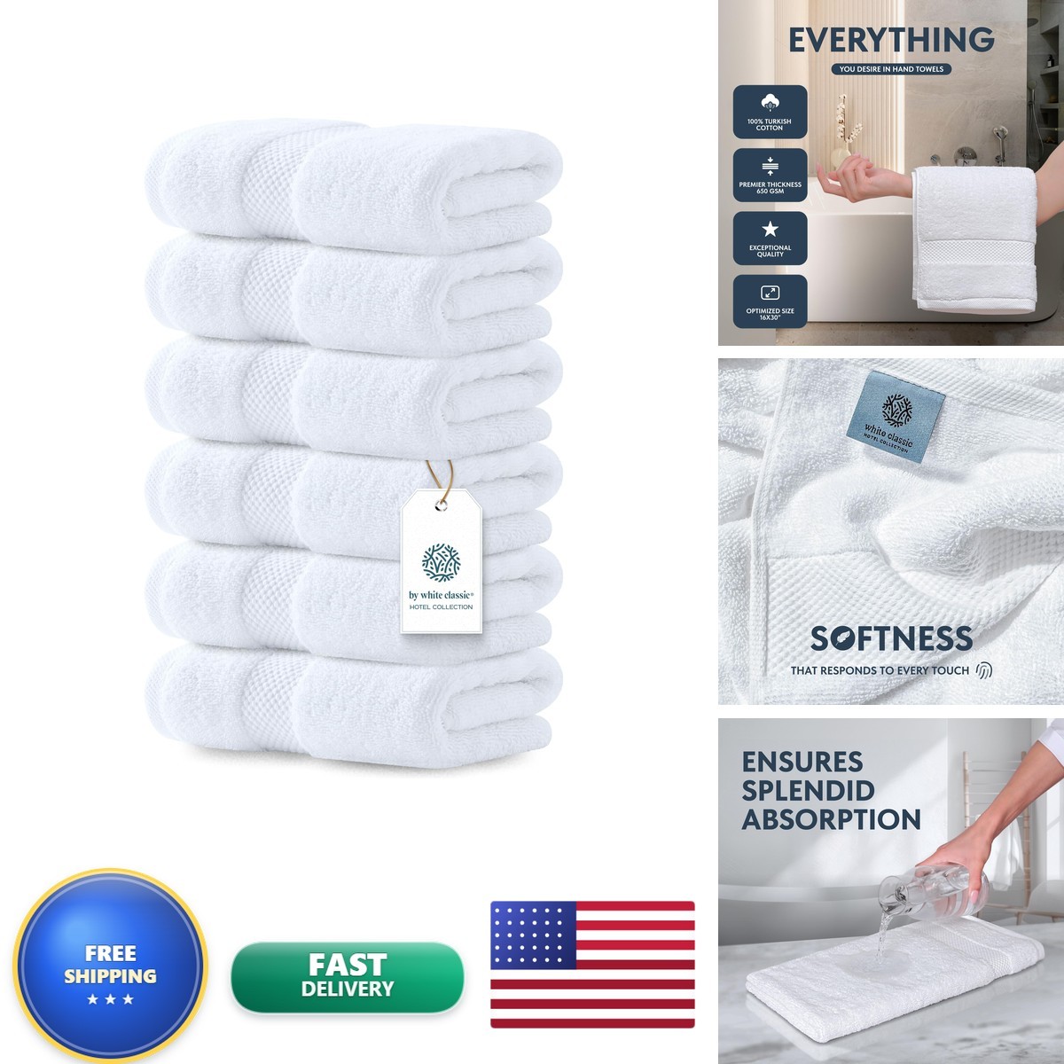 White Classic Luxury White Hand Towels - 100% Turkish Cotton, 16x30, 6 Pack