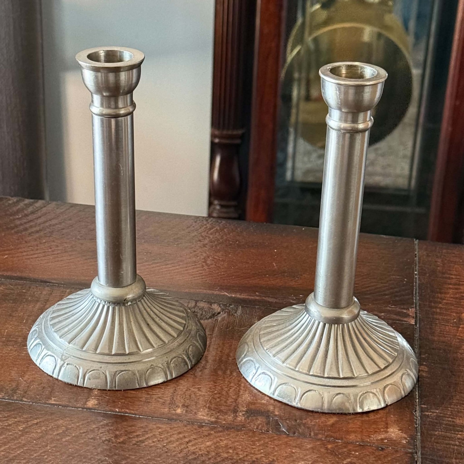 Vintage Pewter Candlestick Holders Pair 7” Fluted Base Taper Candle Sticks Set