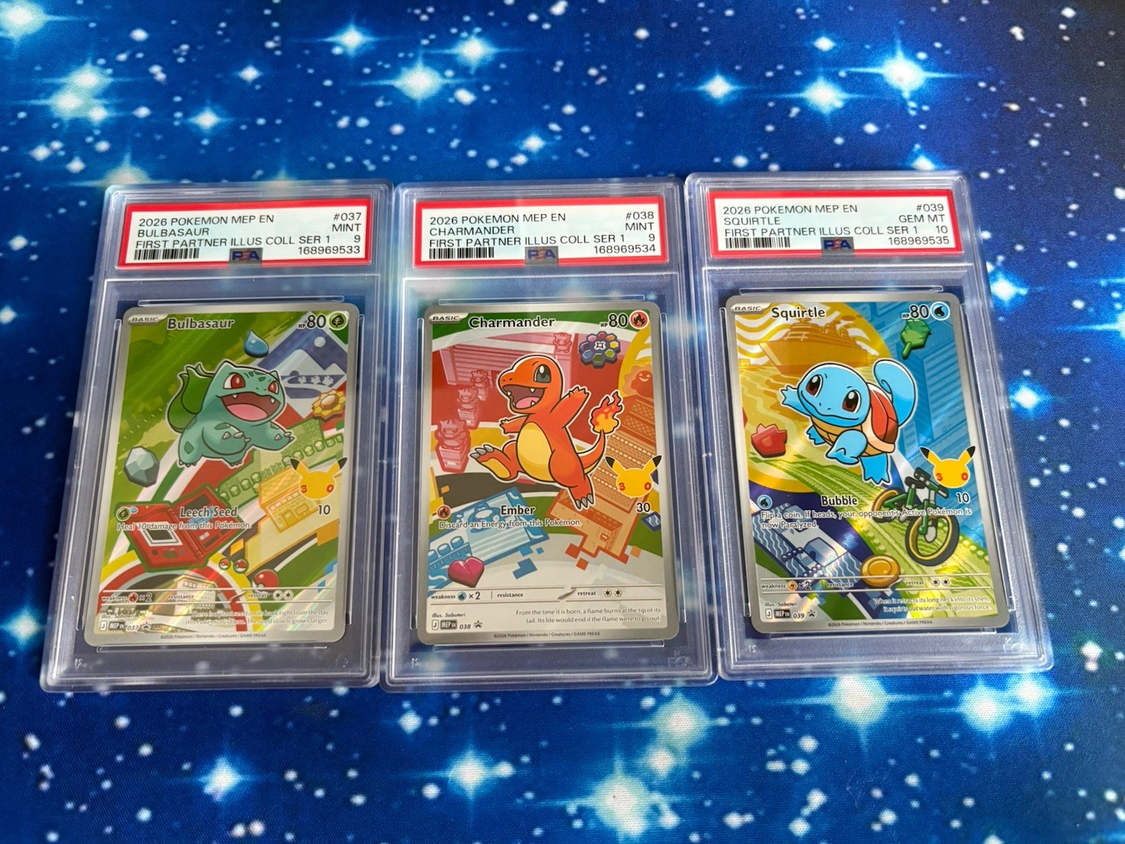 Pokémon PSA 9, 9, 10 Sequential First Partners Illustration Series 1 Kanto