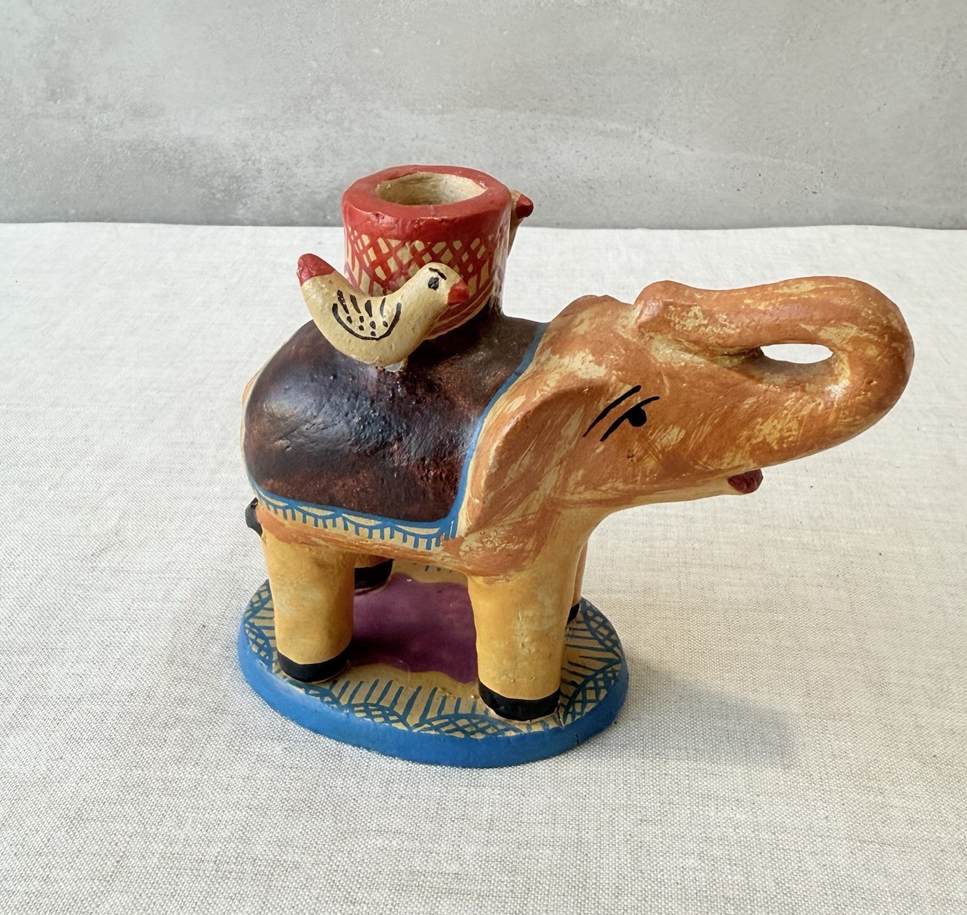 Vintage Mexican Folk Art Pottery Elephant Birds Candle Holder Metepec Style