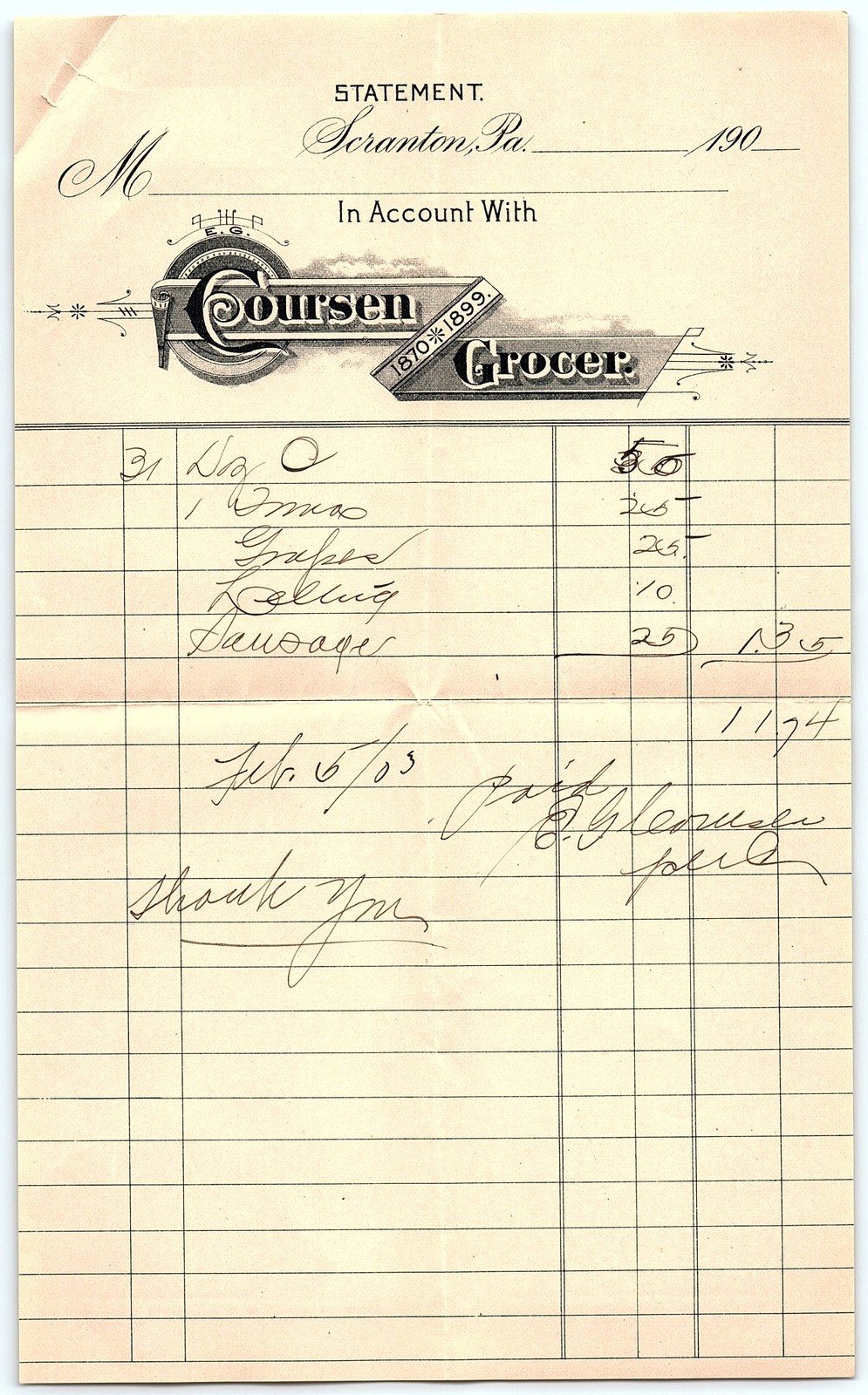 1903 Coursen Grocer Scranton PA billhead