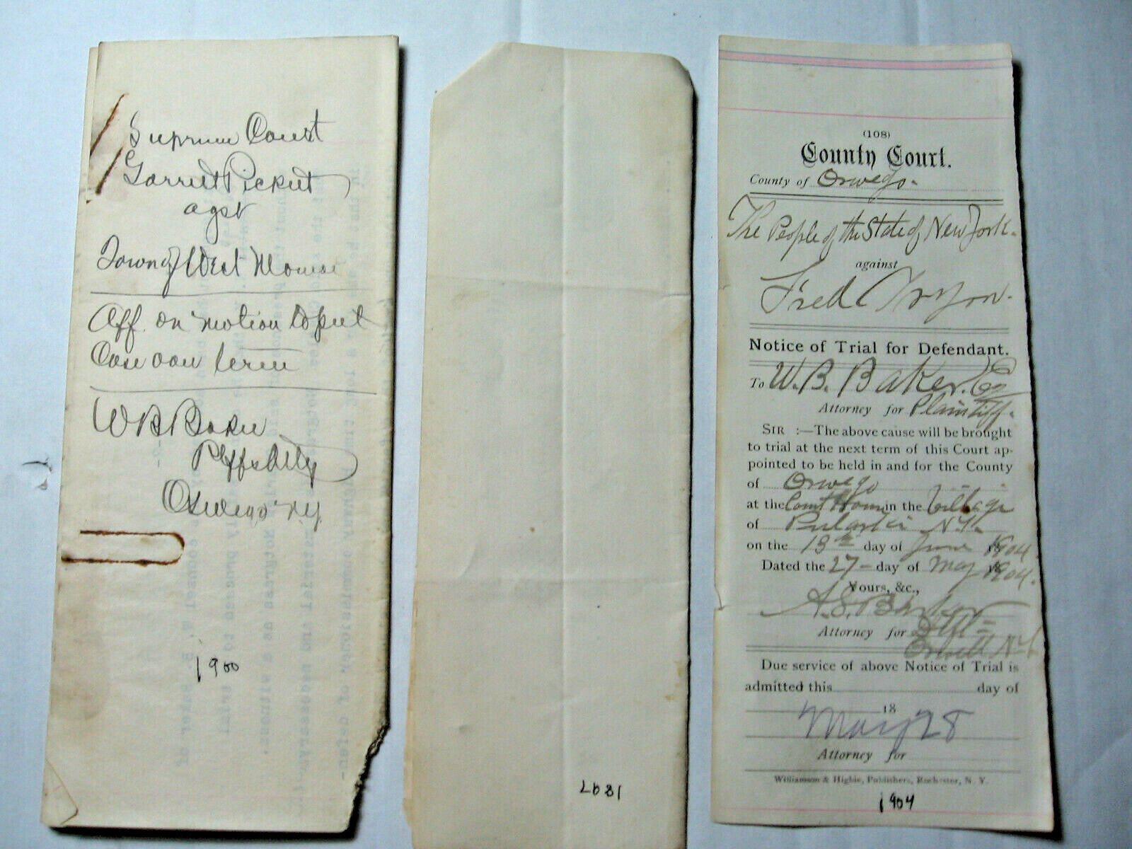 Three 1897-1900-1904 Oswego (N.Y.) County or City Court or Clerk Documents