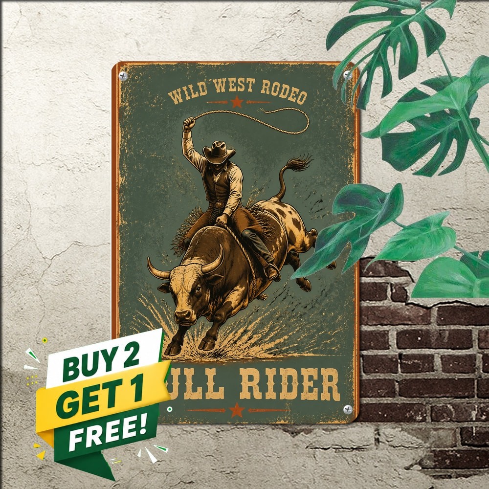 Bull Riding Metal Wall Sign Vintage Rodeo Western Decor Plaque 8x12