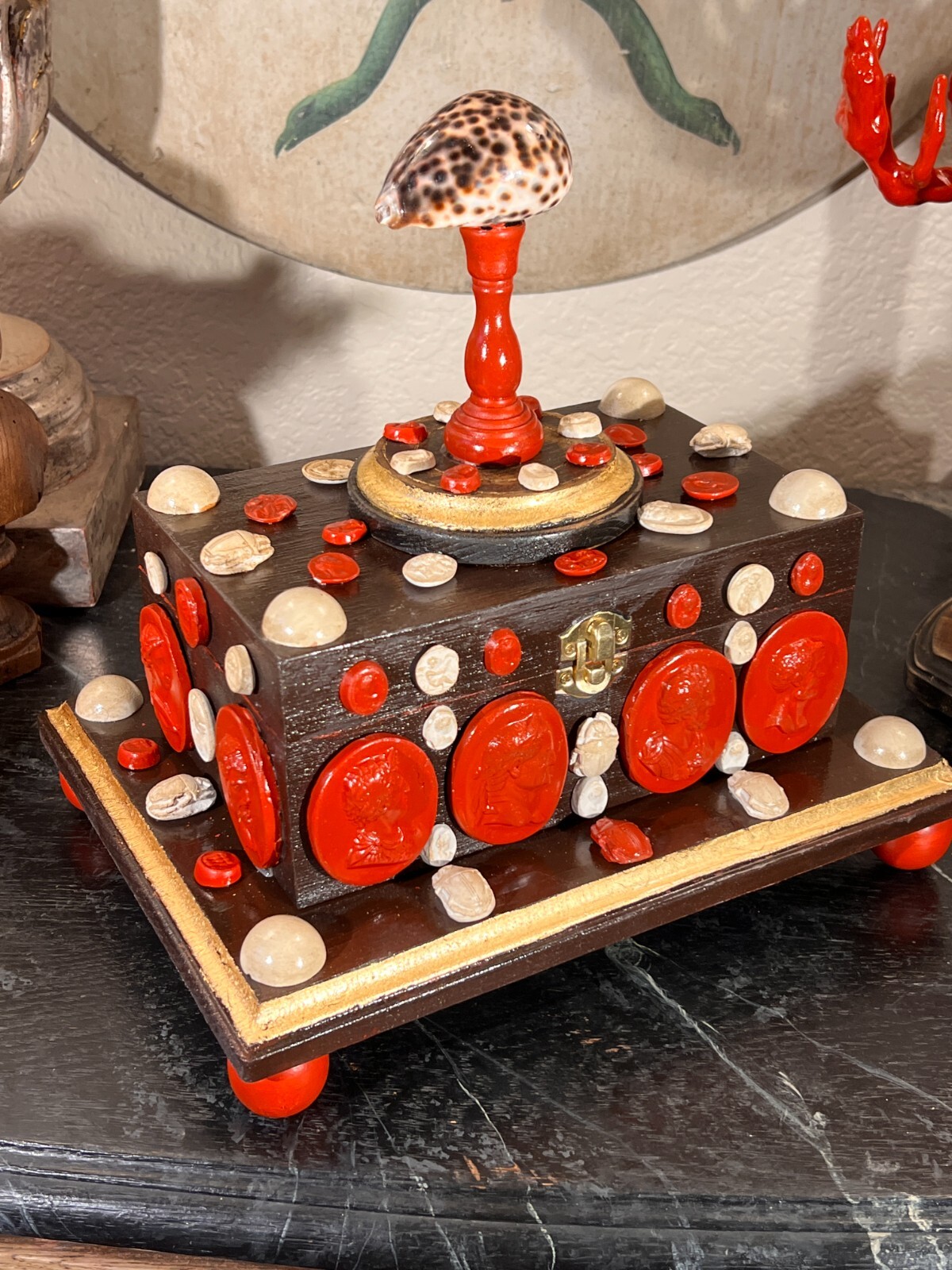 Italian Baroque Style Curiosity Cabinet Multicolor Glazed Intaglio and Shell Dec