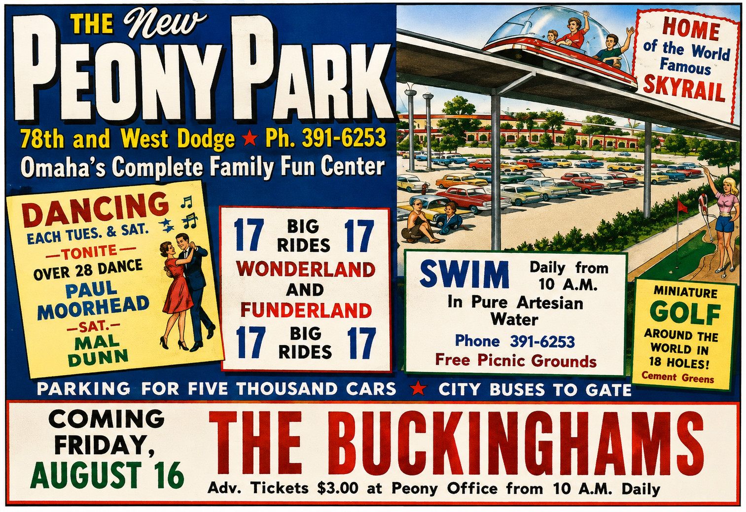 VINTAGE PEONY PARK AMUSEMENT PARK AD MAGNET – OMAHA NEBRASKA 1968