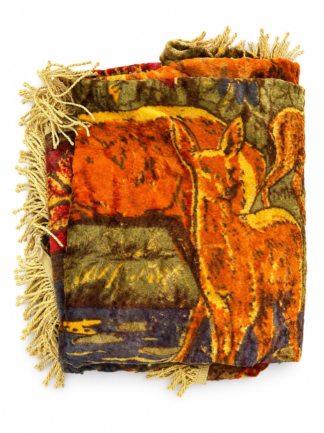 Vtg 1970s Velvet Deer Tapestry Wall Hanging Heavyweight Fringed Blanket Decor