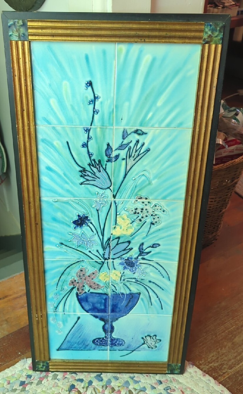 Vintage Large Tiles Floral Hanging Wall Art Wooden Frame Gorgeous 34