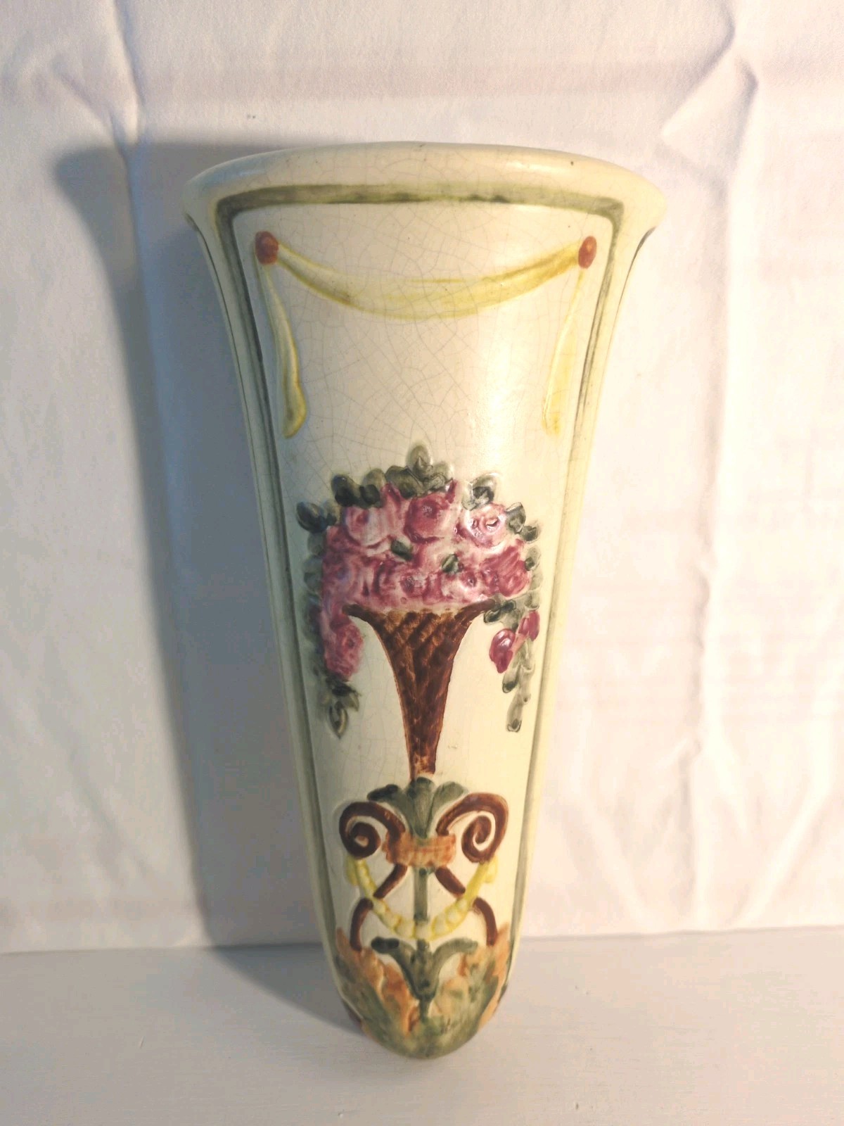 Antique c.1920\'s Weller Pottery Roma Impressed Floral Wall Pocket 10\
