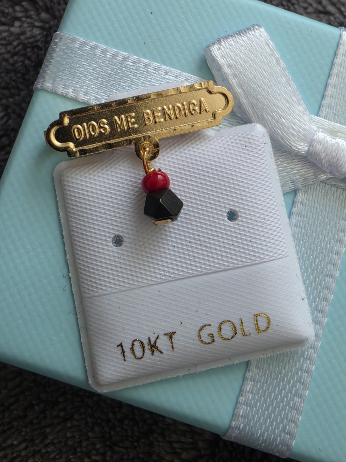 10Kt Yellow Gold Dios Me Bendiga with Genuine Azabache Baby Pin