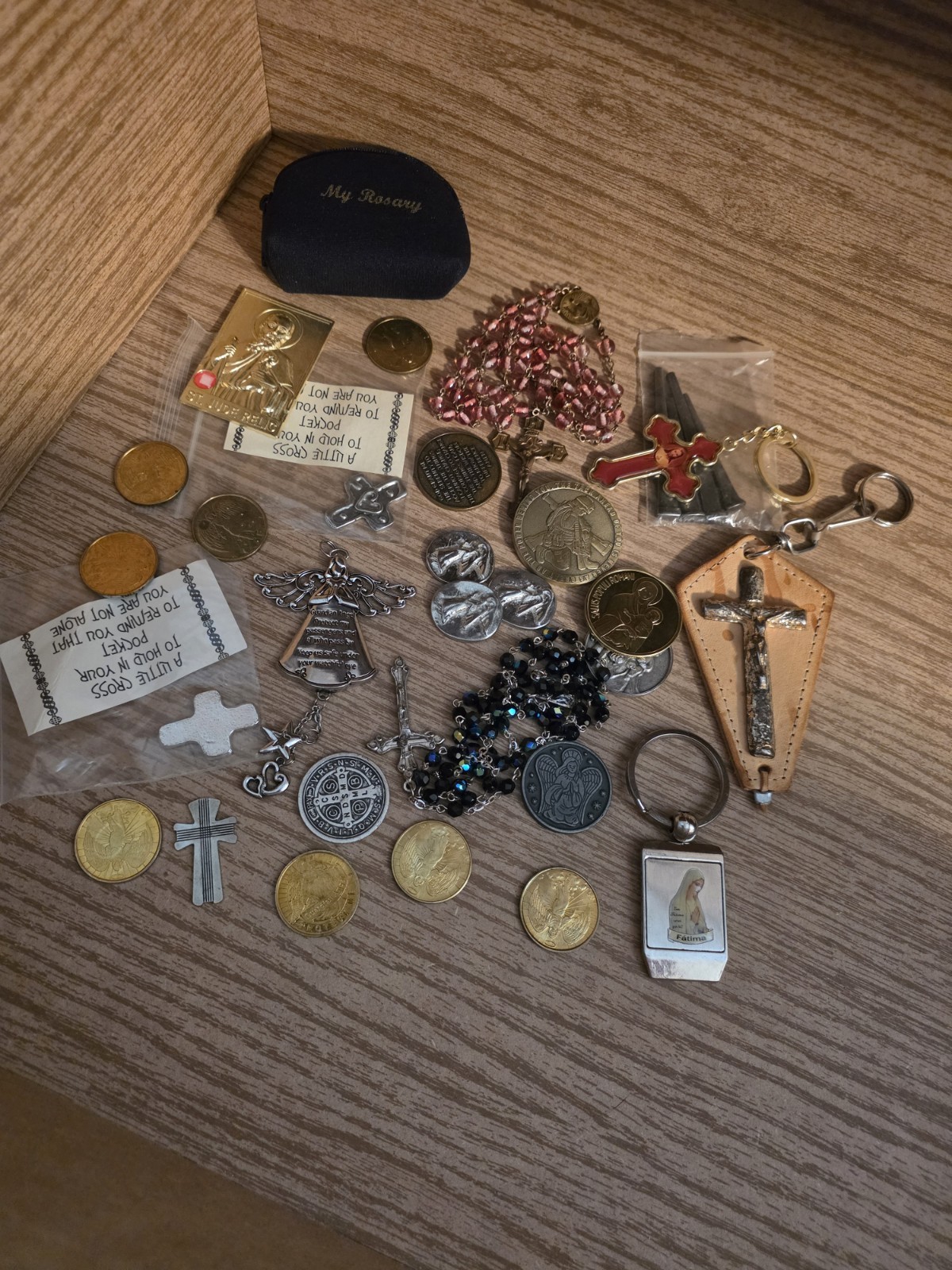 Vintage Catholic Religious Bundle Rosary Relic Angel Coins Junk Drawer LOT AS-IS