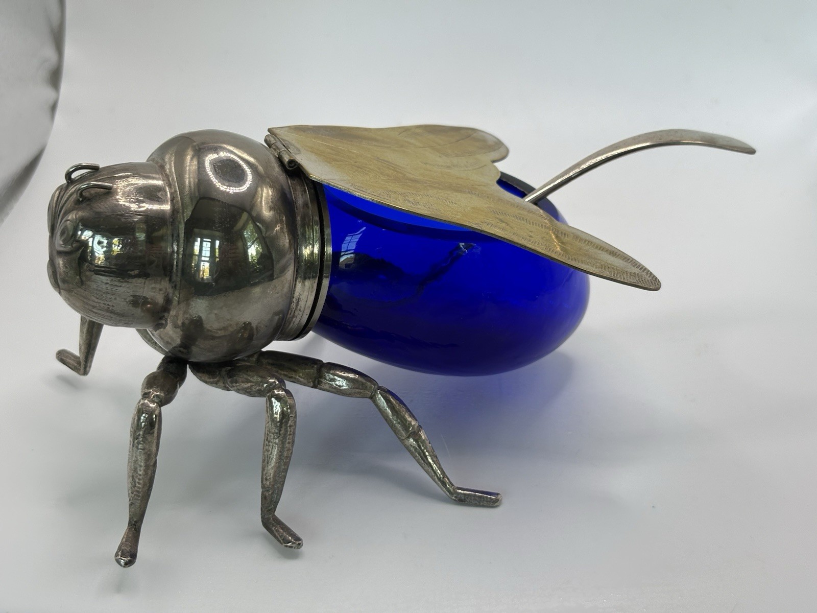 VTG SILVERPLATE & COBALT BLUE GLASS FIGURAL BEE SHAPED HONEY POT Sterling Spoon