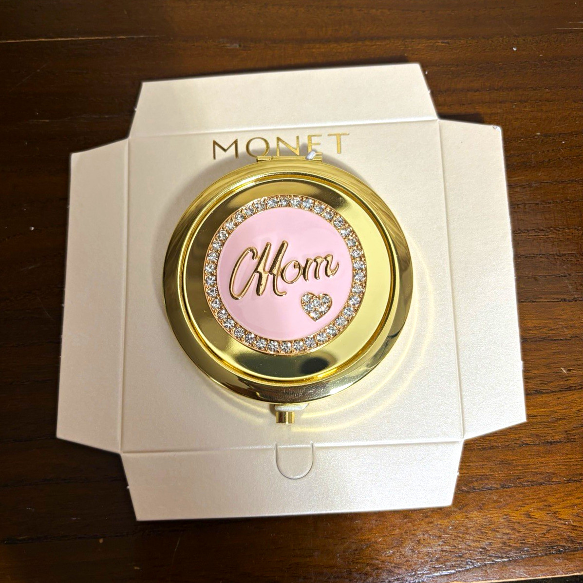 Monet Gold Tone Rhinestone Compact Mirror 