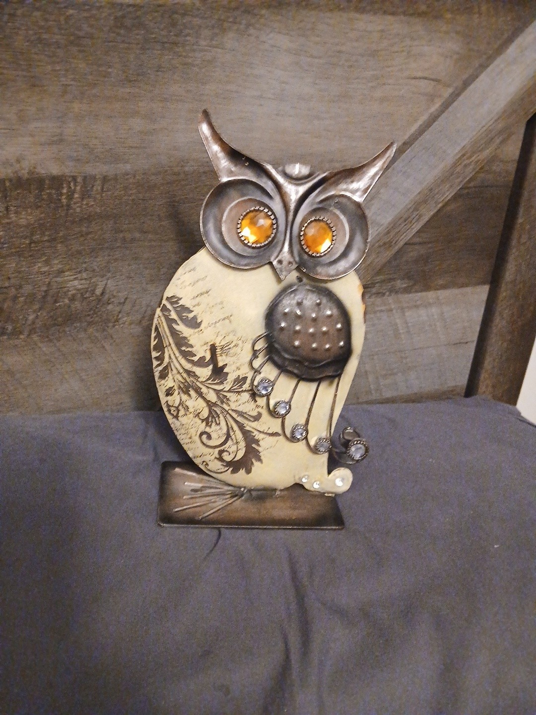 Rare Amber Eyes Metal Owl Sculpture 