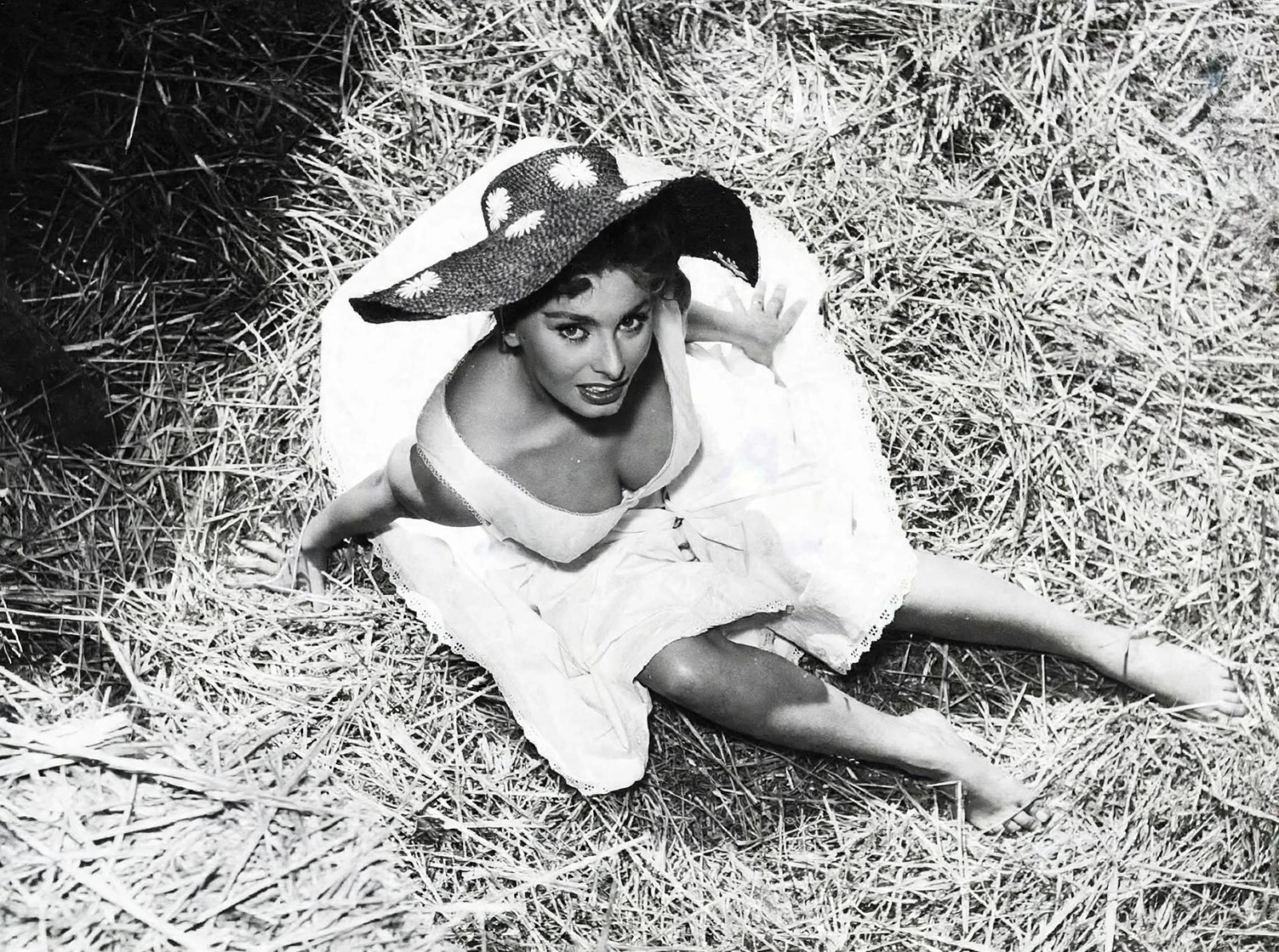 Photo Sophia Loren Circa 1954 Straw Barn Daisy Hat Black and White