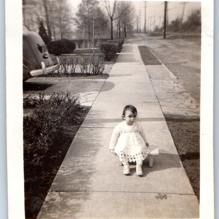 c1940s Cute Baby Girl Sitting on Tiny Bench Sidewalk Classic Car Mini Photo Vtg