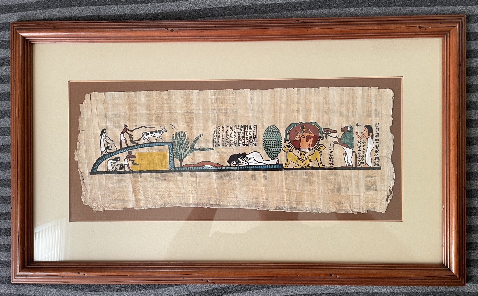 Framed Egyptian Papyrus Painting Book of the Dead Vintage Egyptian Decor 13x22