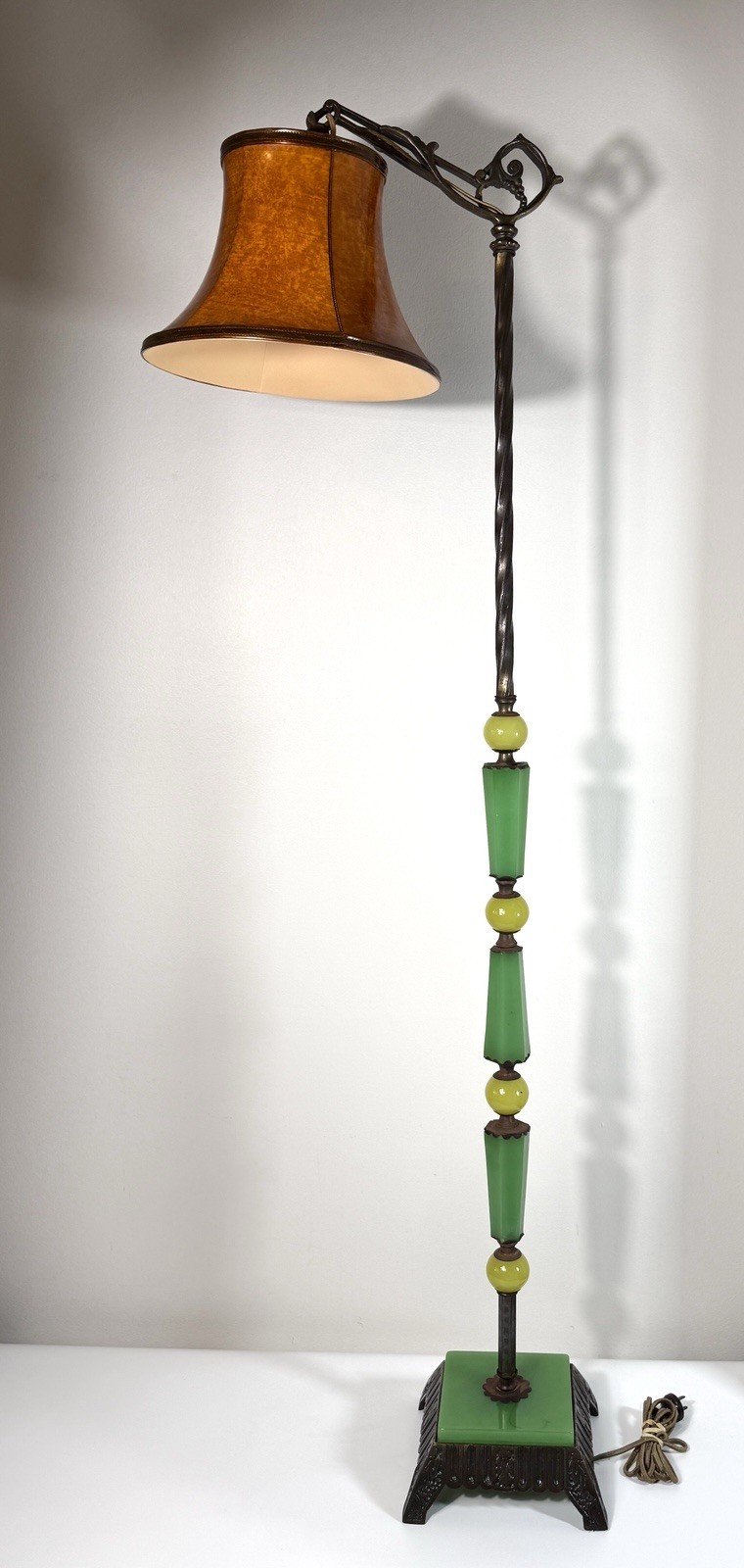 Antique Art Deco Uranium Glass Jadeite Bridge Floor Lamp 60” Roseart Shade