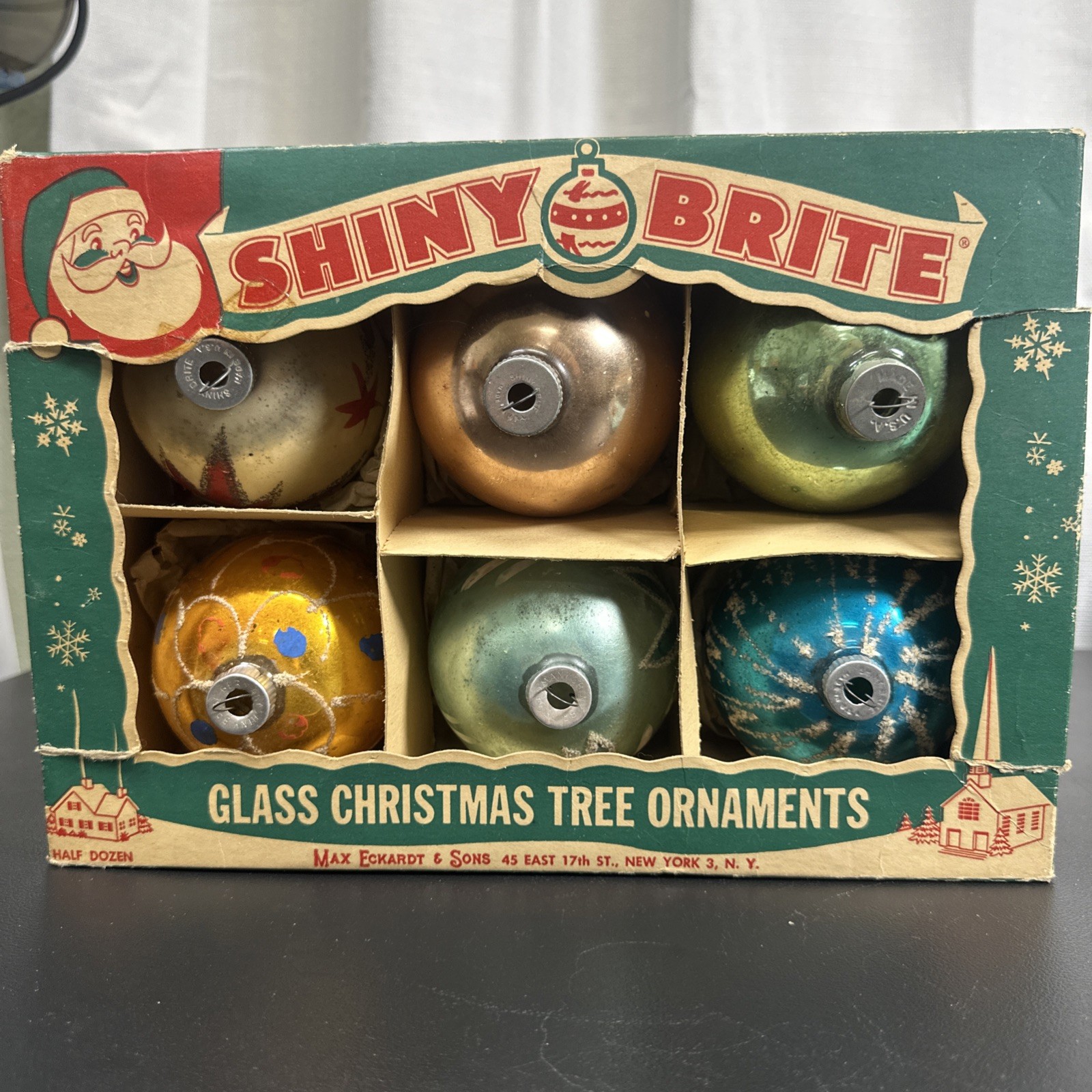 6 VTG Shiny Brite Mica Glitter Glass Christmas Ornaments Large Max Eckardt