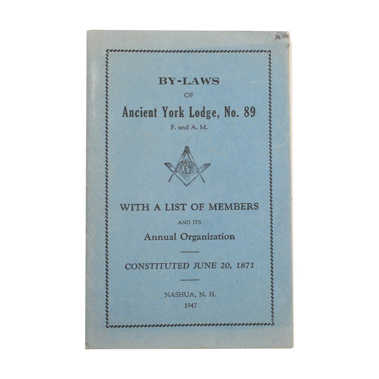 Freemason Ancient York Lodge #89 of New Hampshire Booklet of By-laws Printed in