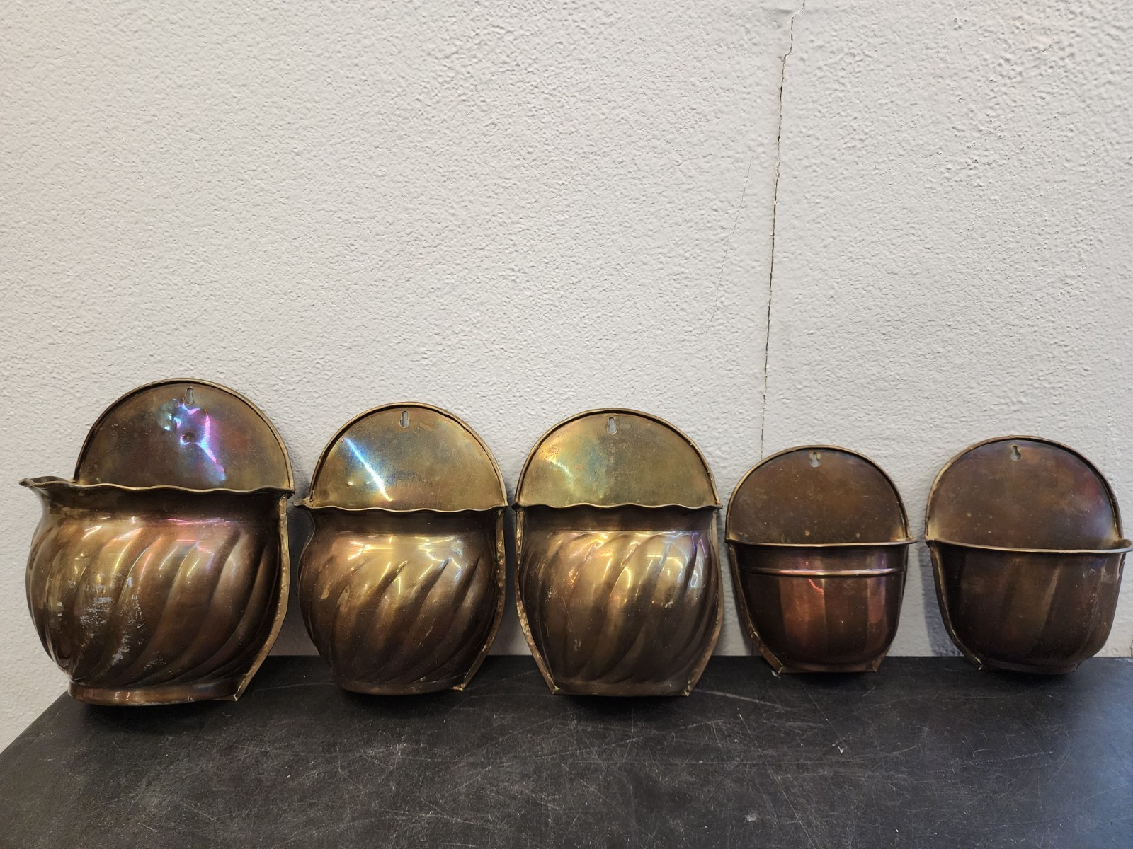 5 Different Size Brass East Indian Wall Pocket or Planter, Vintage 👀