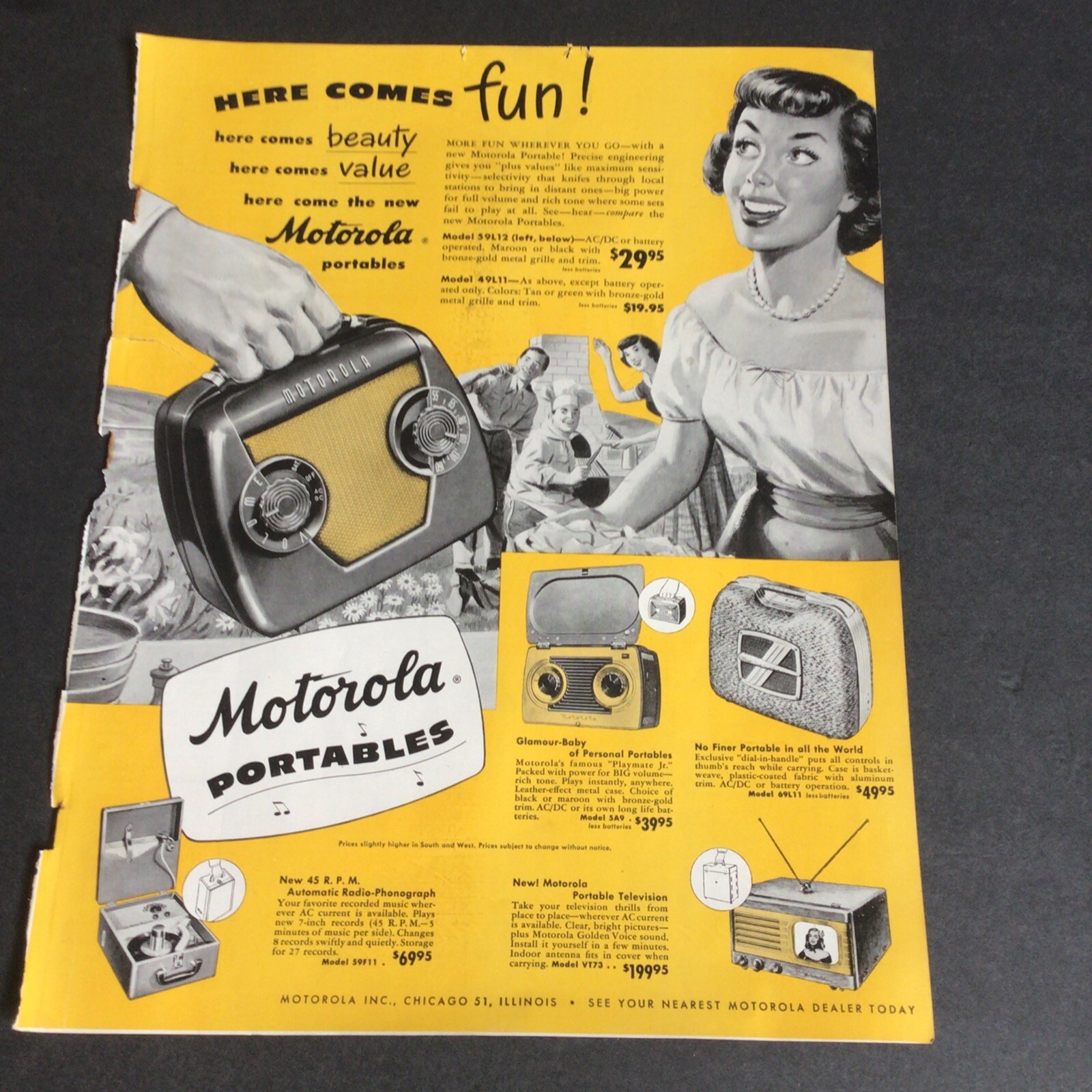 Vintage Motorola Radio Ad 1949 Magazine Ad Clipping MCM Portables