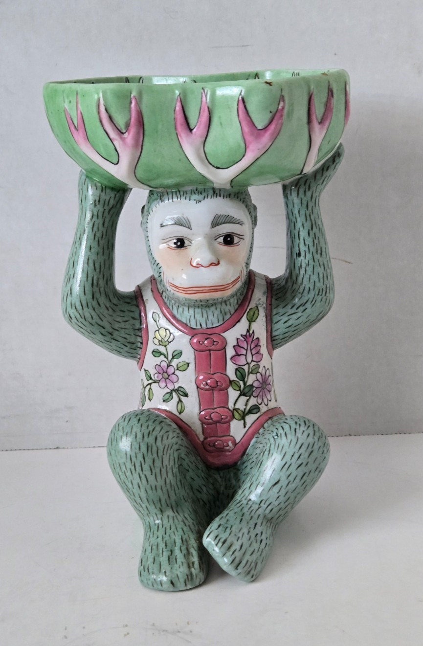 Vintage Andrea by Sadek Ceramic Chinese Monkey Holding Tobacco Leaf - Green 8”