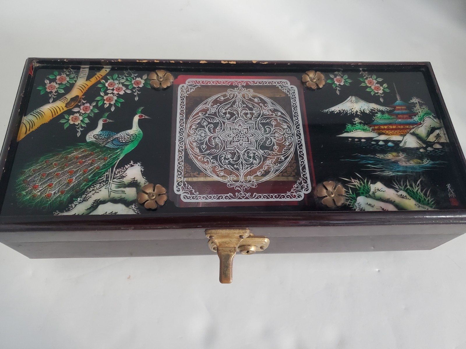 Beautiful Vintage Japan Musical Jewelry Box Peacock Mt Fiji Design L 14