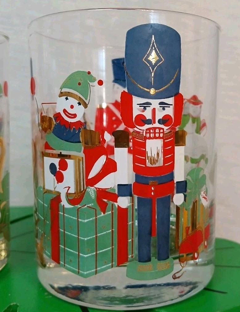 4 RARE CULVER Vtg Christmas Lowball Glasses 22 kt Gold Toys Nutcracker Signed