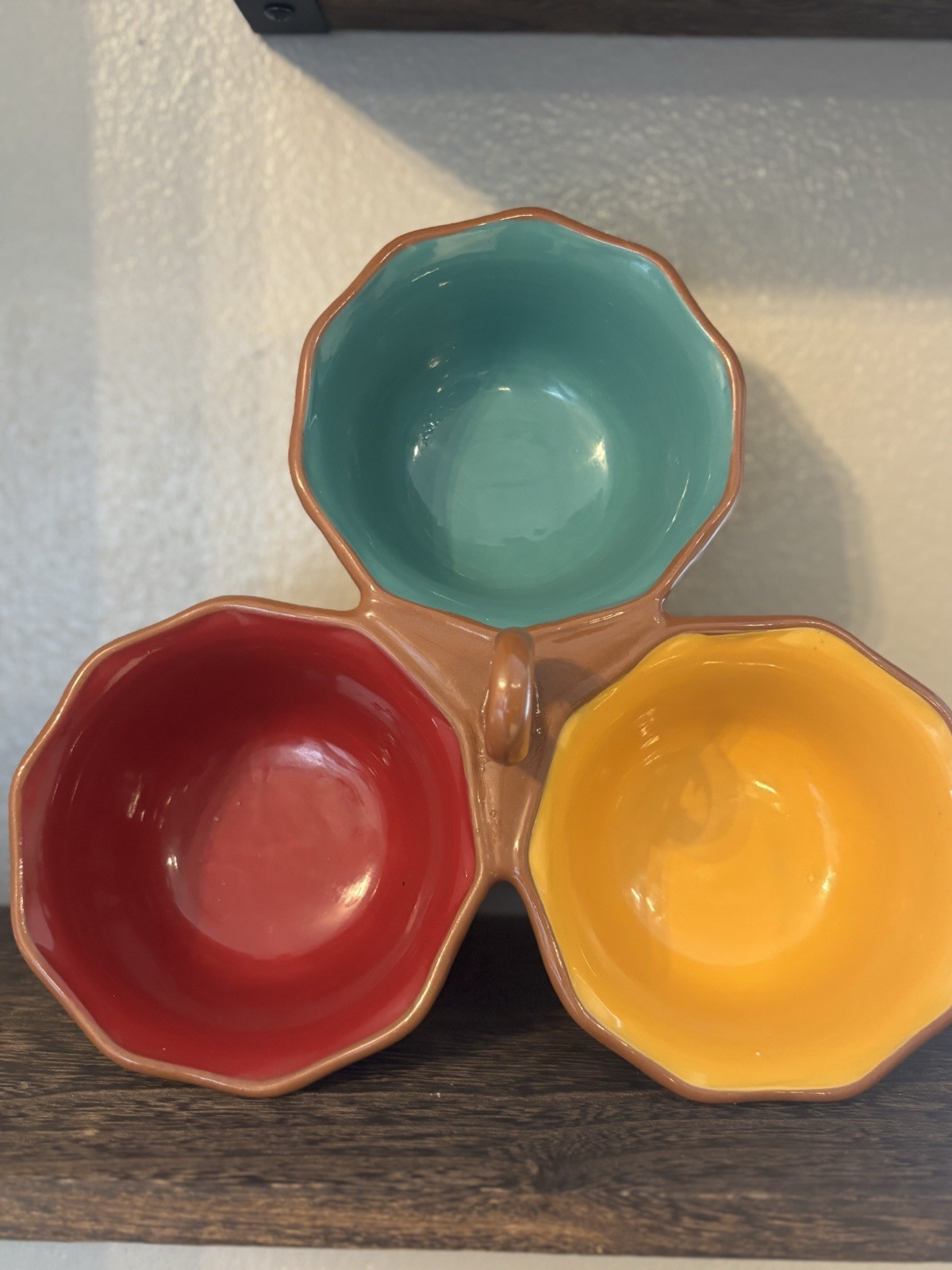 World Market 3-Bowl Handled Condiment Server Ceramic Blue Yellow Red Adjoined