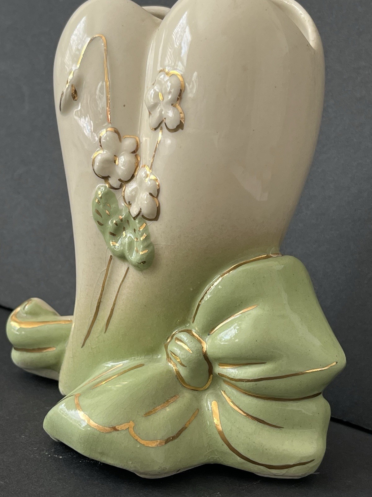Vintage 50’s Lily Of The Valley Vase Muguet White Mint Green Bow Gold