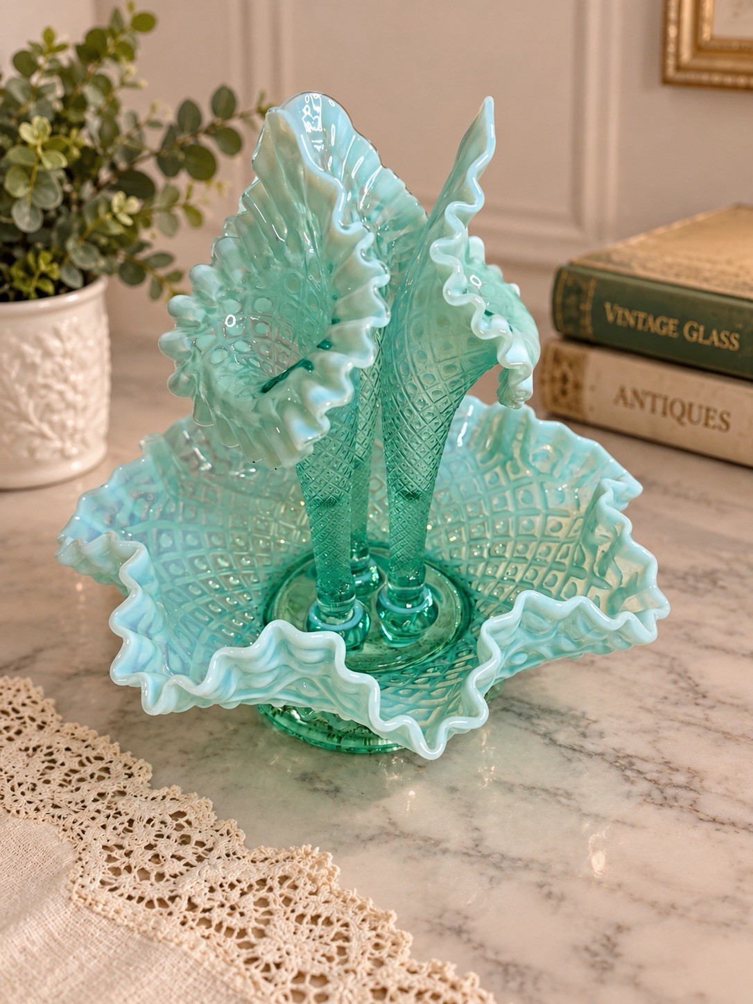 Vintage Fenton Diamond Lace Aqua Opalescent 3 Horn Epergne 11”x11”
