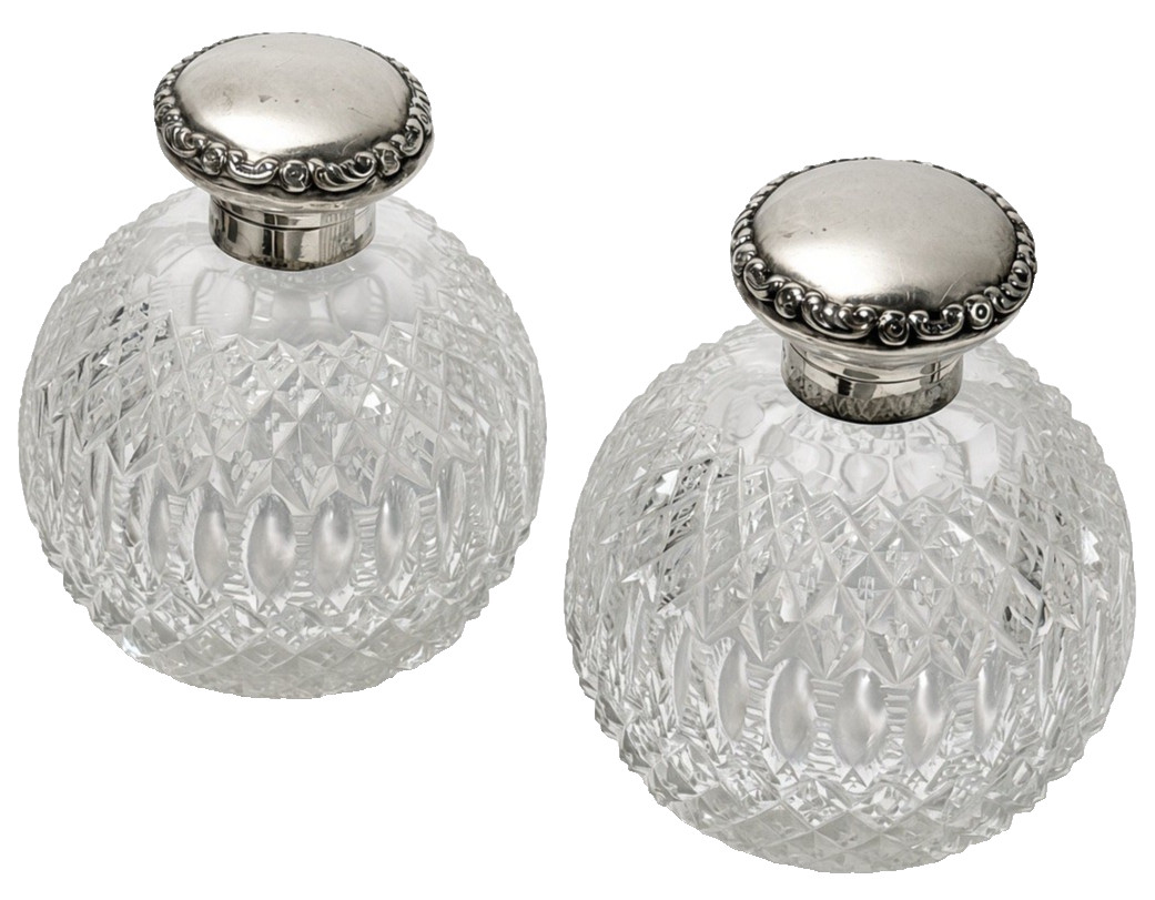 2 ANTIQUE ENGLISH STERLING SILVER HINGED TOP CUT GLASS SCENT PERFUME  BOTTLES