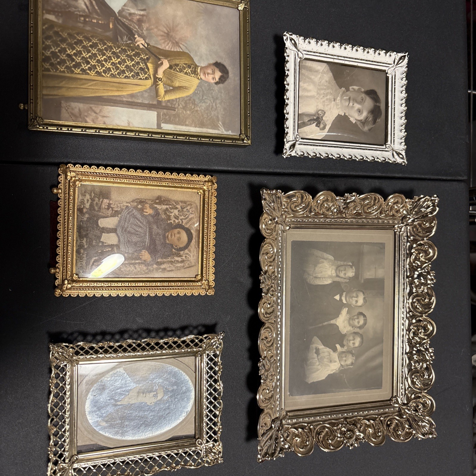 5 Vintage Pictures In Old Ornate Brass Frames 3x4 4.5x6.5 Antique Lady Man Child