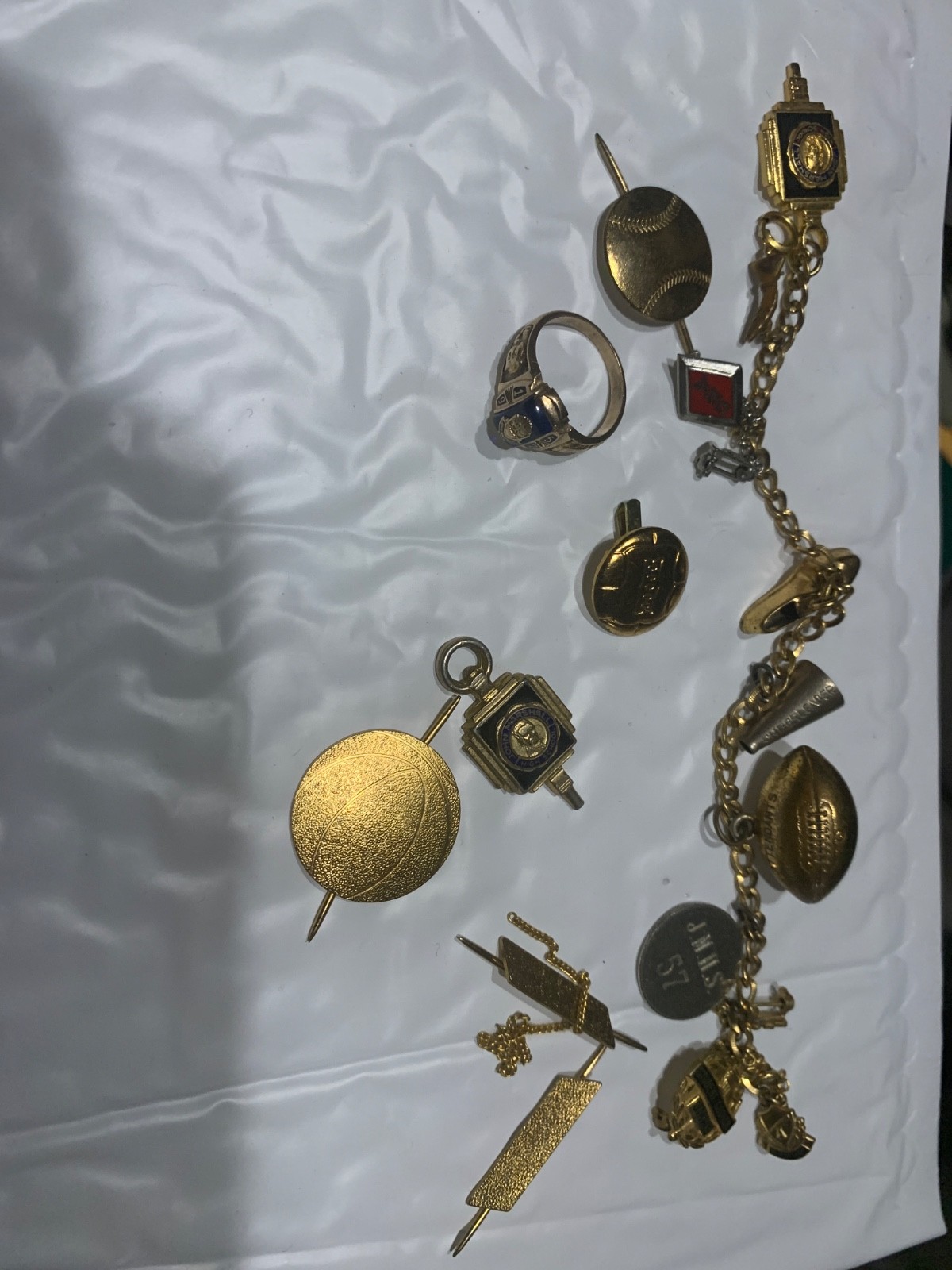 Vintage 1957 John Marshall High School Oklahoma City 10K Gold Ring & Charm Brace