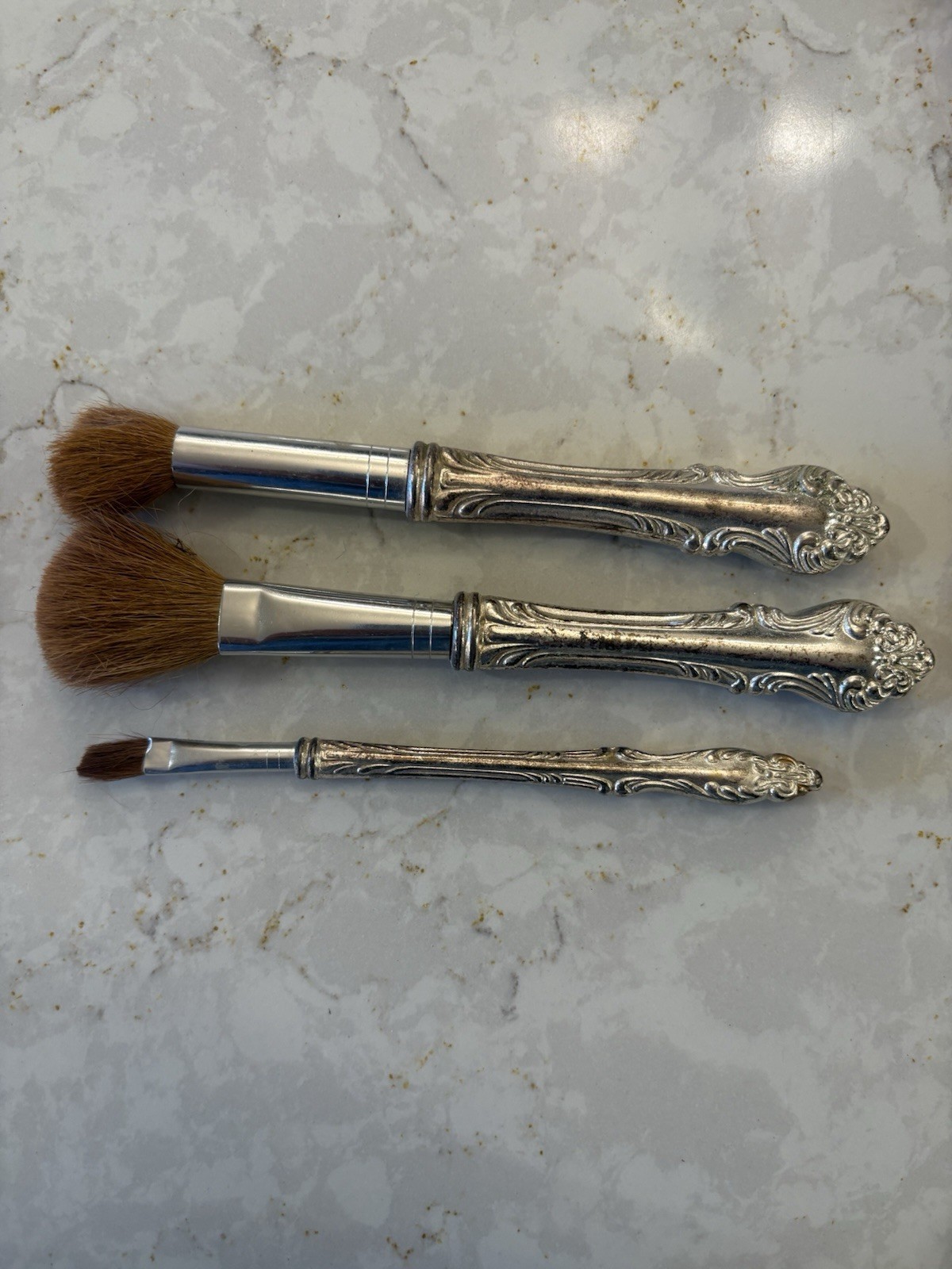 Vtg Ornate Silver Handle Makeup Brush 3 - Powder Blush Eye - Vanity Hollywood